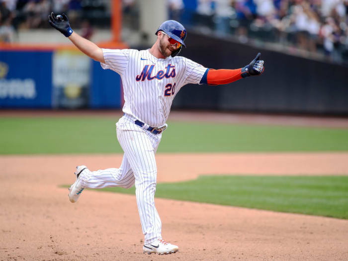 Jul 25, 2021; New York City, New York, USA; New York Mets first baseman Pete Alonso (20) circles the bases after hitting a two-run home run in the sixth inning against the Toronto Blue Jays at Citi Field.